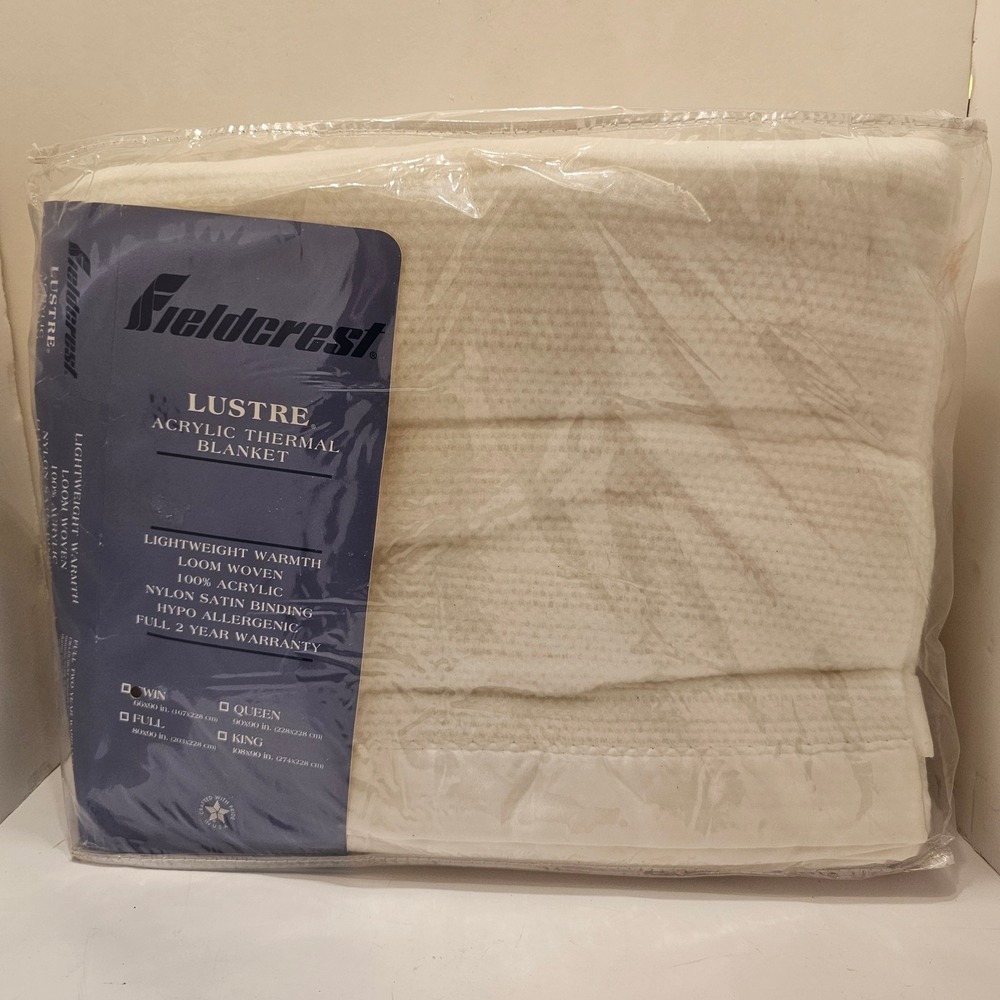 Vintage Fieldcrest Lustre White Acrylic Thermal Blanket Satin Trim Twin NOS USA